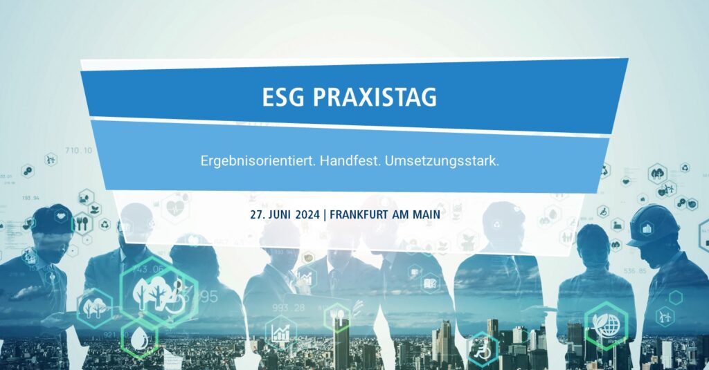 Banner zum ESG-Praxistag mit menschlichen Silhouetten und einem Schriftzug, auf dem Eckdaten zur Veranstaltung stehen
